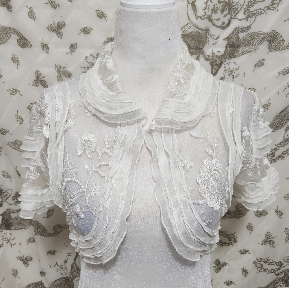 Sheer White Floral Embroidered Coquette Parisaian Bolero